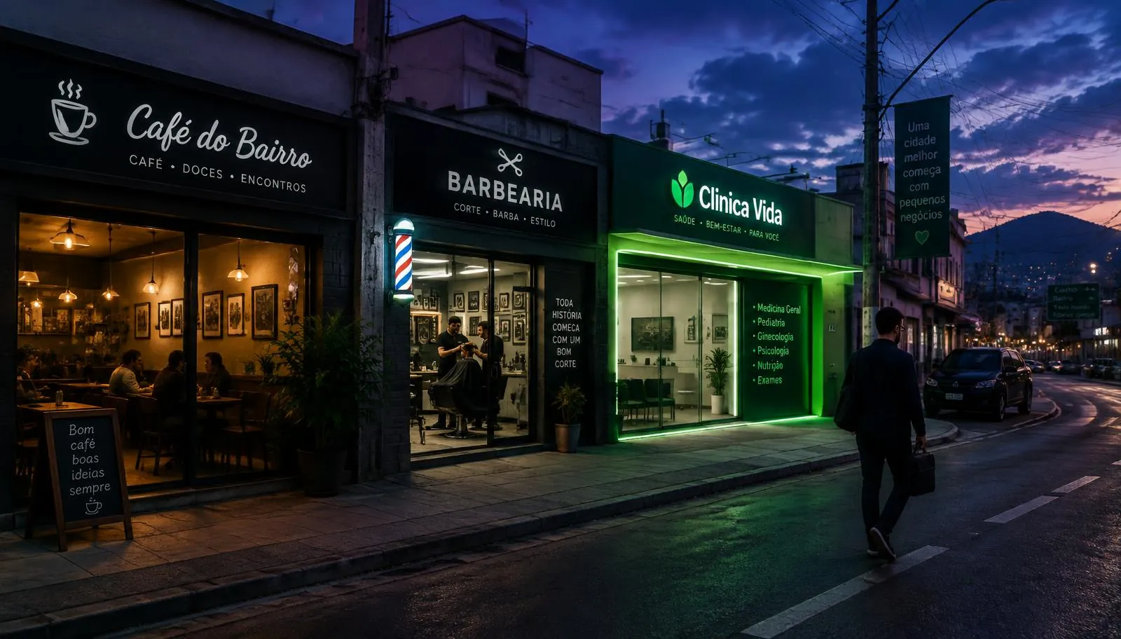 Rua com pequenos negócios locais ao anoitecer